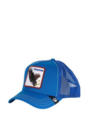 Cappellino da baseball in mesh blu con cuciture bianche, una toppa con un'aquila in volo e la scritta "FREEDOM" sul pannello frontale.