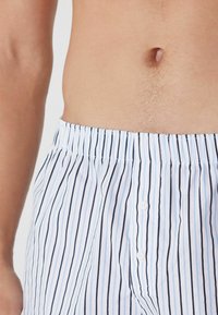 Boxers en coton rayés bleu clair et marine, avec une taille élastique, un braguette à boutons et une coupe décontractée. Motif de rayures verticales sur toute la surface.