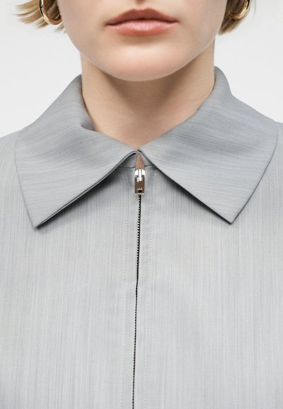 Κοντινό πλάνο στον λαιμό και τα χείλη ενός ατόμου που φοράει γκρι μπλουζάκι με γιακά, ασημένιο φερμουάρ μπροστά και χρυσούς κρίκους στο αυτί.