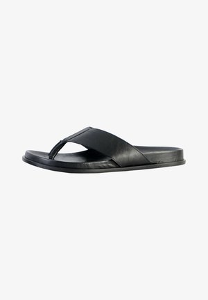Zwarte flip-flop sandaal met een brede band over de bovenkant, van textuur synthetisch materiaal, en een platte, gewatteerde zool voor comfort.