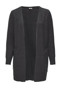 Ciemnoszary kardigan wykonany z dzianiny. Otwarte przody, długie rękawy, dwie przednie kieszenie oraz ściągacze przy rękawach. Bez zapięć.