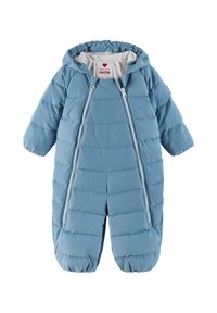 Combinaison de neige bébé rembourrée bleu clair avec capuche et deux fermetures éclair frontales, conçue pour la chaleur et une couverture corporelle complète.