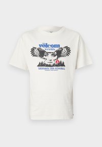 White cotton t-shirt featuring a front graphic with an owl, text "The Volcom Stone" in blue, and "Embrace the Strange" in blue below.