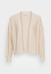 Light beige cardigan with long sleeves, open front, and relaxed fit. Made from a soft, textured fabric. No fastenings or patterns visible.