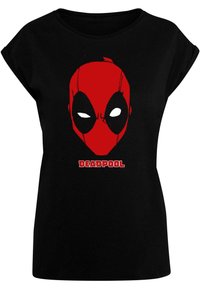 Tricou negru cu un grafic roșu al feței lui Deadpool, cu accente negre. Mâneci scurte, decolteu rotund, material din bumbac cu o textură netedă.