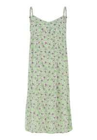 Bloemenprint jurk in lichtgroen met dunne bandjes. Heeft een ontspannen pasvorm en delicate zwarte contouren van bloemen door de stof heen.