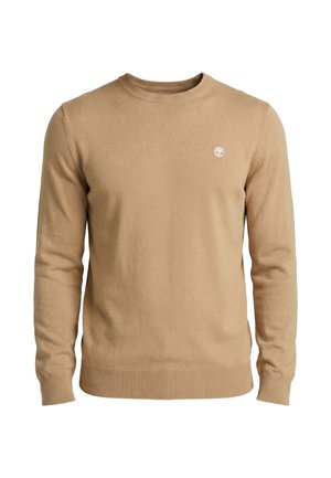 Suéter cuello redondo color canela con mangas largas y un pequeño logo blanco de un árbol en el pecho izquierdo, exhibido sobre un fondo blanco.