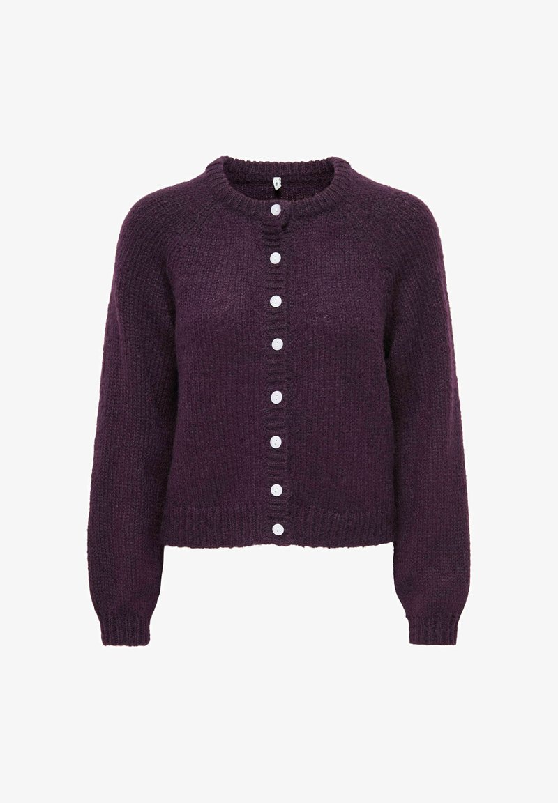 Cardigan tricoté violet foncé à manches longues avec une rangée de huit boutons blancs sur le devant, encolure ronde.