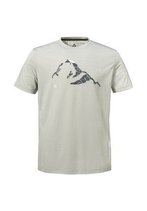 Hellgraues Kurzarm-T-Shirt mit einer stilisierten schwarz-weißen Berggrafik auf der Brust und kleinen aufgedruckten Textdetails.