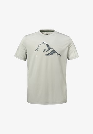 Hellgraues Kurzarm-T-Shirt mit einer stilisierten schwarz-weißen Berggrafik auf der Brust und kleinen aufgedruckten Textdetails.
