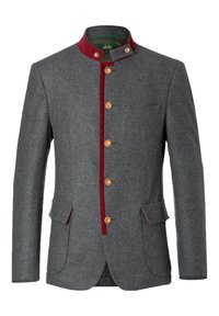 Graue Wolljacke mit hohem Kragen, roten Akzenten und fünf Holzknöpfen. Verfügt über zwei Taschen vorne und eine taillierte Passform.