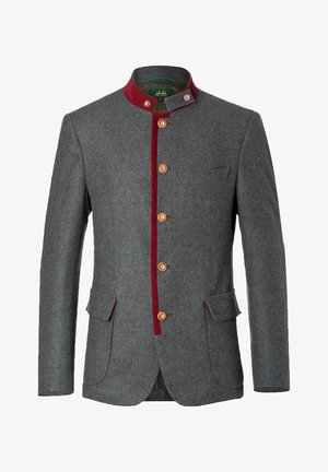 Graue Wolljacke mit hohem Kragen, roten Akzenten und fünf Holzknöpfen. Verfügt über zwei Taschen vorne und eine taillierte Passform.