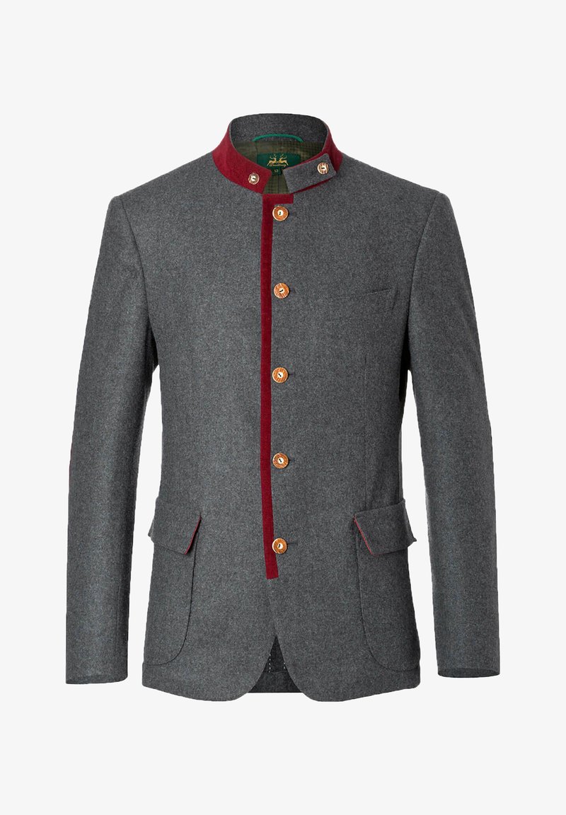 Graue Wolljacke mit hohem Kragen, roten Akzenten und fünf Holzknöpfen. Verfügt über zwei Taschen vorne und eine taillierte Passform.