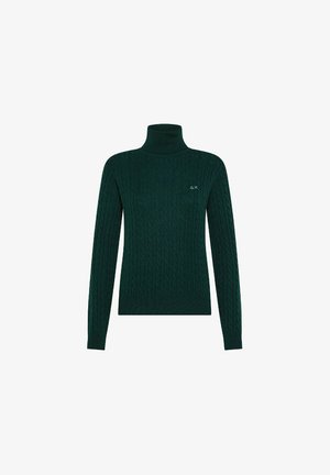 Maglione a collo alto in maglia a treccia di colore verde scuro, con maniche lunghe. Presenta polsini e orlo a coste, realizzato in tessuto a maglia testurizzato. Piccolo logo sul petto.