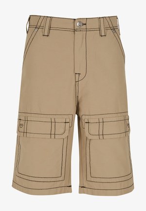 Beežid cargo lühikesed püksid, millel on tume õmblus, kaks esi-taskut ja kaks suurt küljetaskut klappidega, valmistatud kergest kangast.