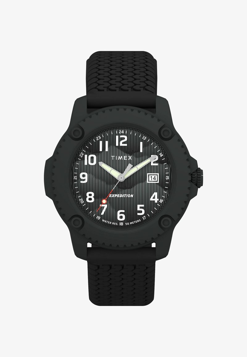 Juodas guminius laikrodžius su tekstūruotu dirželiu, turintis apvalų juodą bezelį, vertikaliai juostuotą juodą ciferblatą ir baltus valandų žymeklius. Raudonas sekundinis rodyklė.