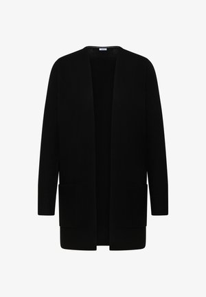 Zwarte cardigan met een losse fit, open voorkant, lange mouwen en twee voorzakken. Gemaakt van een zachte gebreide stof met een gladde textuur.