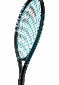 Tennisracket met een zwart frame en turquoise accenten, voorzien van een gestringde kop in een ruitpatroon. De grip is textuur voor een betere vastgreep.