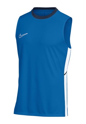 Maglietta sportiva azzurra senza maniche con colletto nero e pannelli laterali bianchi, con logo Nike bianco sul petto sinistro.