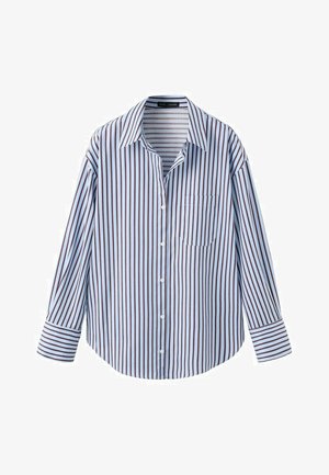 Camicia a maniche lunghe con bottoni, a righe verticali blu e marroni, collo a punta, taschino sul petto e polsini con bottoni.
