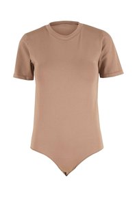 Bodysuit mit kurzen Ärmeln aus beigem Stoff, runder Ausschnitt, glatte Textur und taillierte Silhouette mit Druckknopfverschluss am Boden.