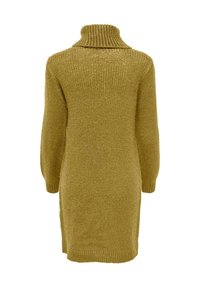 Robe pull longue tricotée jaune moutarde avec col roulé côtelé, manches longues et ourlet côtelé, vue de dos.