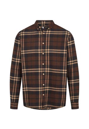 Braun karierte Button-Up-Hemd mit Kragen, das ein kariertes Muster in dunkelblauen und beige Tönen aufweist, aus weichem Stoff, mit langen Ärmeln.