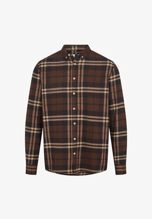 Bruine geruite button-up shirt met een kraag, voorzien van een ruitpatroon in donkerblauw en beige tinten, gemaakt van zachte stof, lange mouwen.