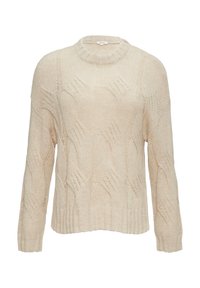 Jasno beżowy sweter w splot warkoczowy z długimi rękawami, teksturowanym wzorem i okrągłym dekoltem. Miękka, gruba wełna.