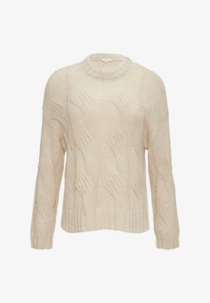 Lichtbeige kabelgebreide trui met lange mouwen, textuurpatroon en een ronde halslijn. Zacht, chunky breigoed.