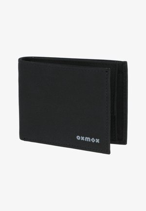 Black bifold wallet with visible stitching and small silver "oxmox" logo in bottom right corner.