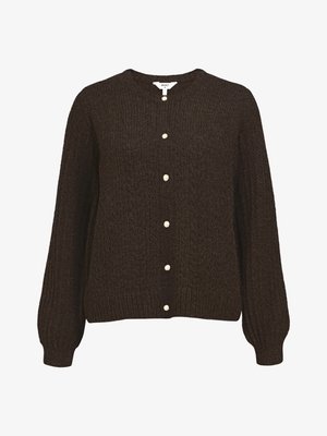Temno rjav pleten kardigan z okroglo ovratnico, dolgimi rokavi in petimi belimi gumbi spredaj. Teksturirana tkanina.