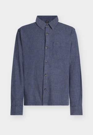 Checked navy blue button-up shirt, made of lightweight fabric, featuring a classic collar, long sleeves, and a chest pocket.
