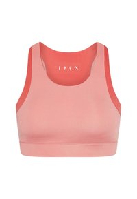 Rózsaszín sportmelltartó, amely sima textúrával, kerek nyakkivágással és kontrasztos narancssárga pántokkal rendelkezik. A logó az elején található.
