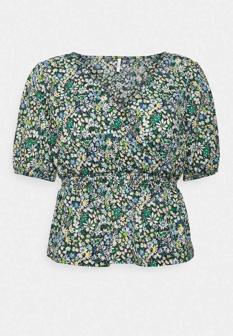 Blusa de estampa floral com fundo escuro, apresentando flores verdes, amarelas e azuis. Tem um decote em V, mangas curtas bufantes e uma cintura franzida.