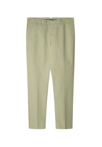 Hellgrüne Hose mit flachem Frontdesign, geradem Bein, Ein-Knopf-Verschluss und zwei Seitentaschen. Glattes Baumwollgemisch.