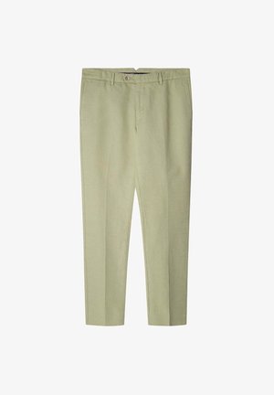 Hellgrüne Hose mit flachem Frontdesign, geradem Bein, Ein-Knopf-Verschluss und zwei Seitentaschen. Glattes Baumwollgemisch.