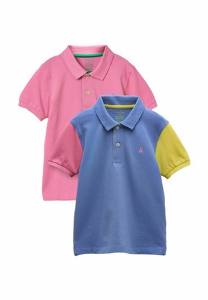 Two short-sleeve polo shirts, one pink, one blue with pink and yellow sleeves, both with collars and two-button plackets.