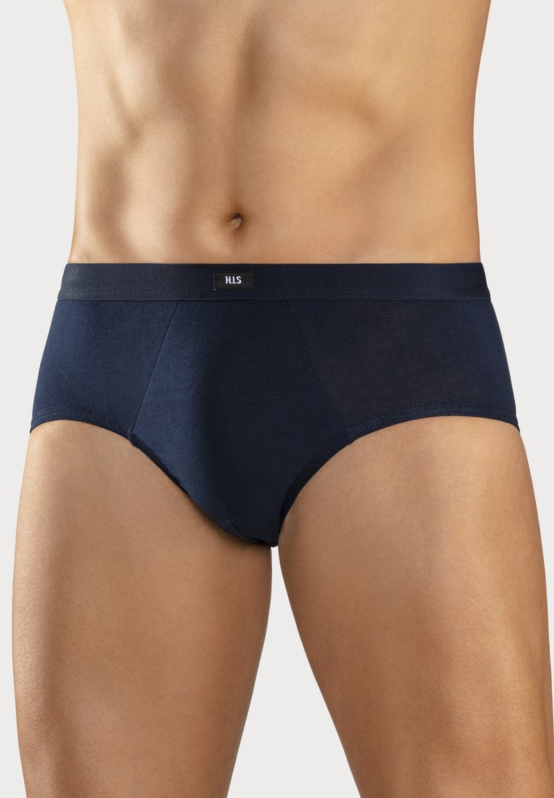 Marineblaue Baumwollunterhosen mit einem weichen Bund und einem Markenlabel. Der Stoff hat eine glatte Textur und ein klassisches Schnittdesign.