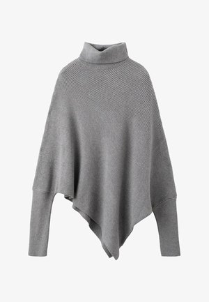 Siv pleteni pončo z visokim ovratnikom, ki ima rebrasto teksturo in trikotno silhueto. Dolgi rokavi rahlo segajo na stran.