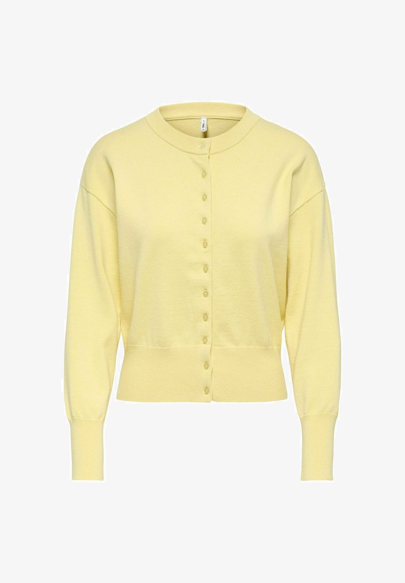 Light yellow long-sleeve button-up cardigan with ribbed cuffs, hem, and round neckline on a white background.