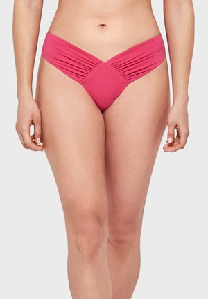 Parte inferior de bikini rosa con un diseño frontal en forma de V, que presenta tejido reunido en los laterales y un panel central liso. Material suave y elástico.