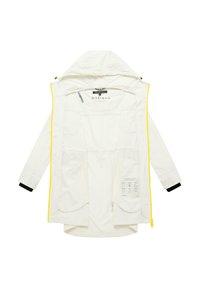 Weiße Kapuzenjacke mit gelbem Reißverschluss, schwarzen Handgelenkbündchen, zwei großen Fronttaschen und einem Markenlabel im Kragenbereich.