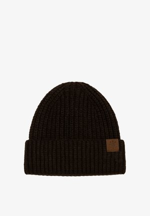 Gestrickte schwarze Mütze mit einer dicken gerippten Struktur und umgeschlagenem Saum. Mit einem kleinen, quadratischen braunen Lederetikett an der Seite.