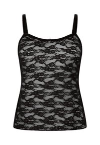 Μαύρο δαντελένιο τοπάκι με λεπτά λουλουδάτα σχέδια, ρυθμιζόμενους ιμάντες και εφαρμοστή σχεδίαση. Μαλακή, διάφανη υφή με κυματιστά τελειώματα.