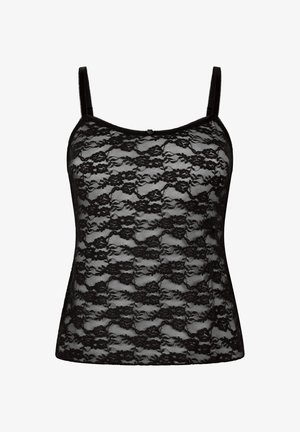 Schwarzes Spitzen-Camisole mit zarten Blumenmustern, verstellbaren Trägern und figurbetontem Schnitt. Weiche, transparente Textur mit geschwungenen Kanten.