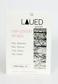 Nagellack-Folien in einer transparenten Verpackung. Mit weißem Grund und schwarzem, abstraktem Liniendesign. Text enthält Anweisungen zur Anwendung und Produktdetails.