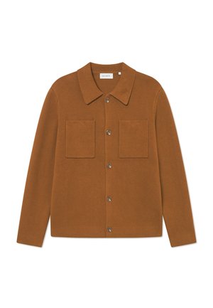 Brown ribbed cardigan with a collared neckline, two chest pockets, and button closures down the front. Soft texture with a relaxed fit.