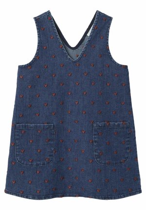Niebieska dżinsowa sukienka bez rękawów z brązowym haftem w kształcie serca i dwoma przednimi kieszonkami.