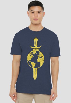 Navy blue cotton t-shirt featuring a distressed yellow graphic of a sword and globe design on the front. Short sleeves, crew neck style.